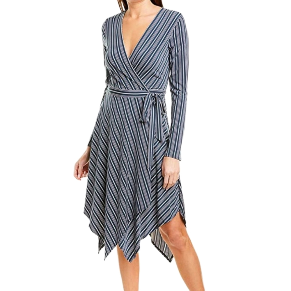 BCBGMAXAZRIA Body Elongating Striped Wrap Dress w/ Handkerchief Hem #Balletcore